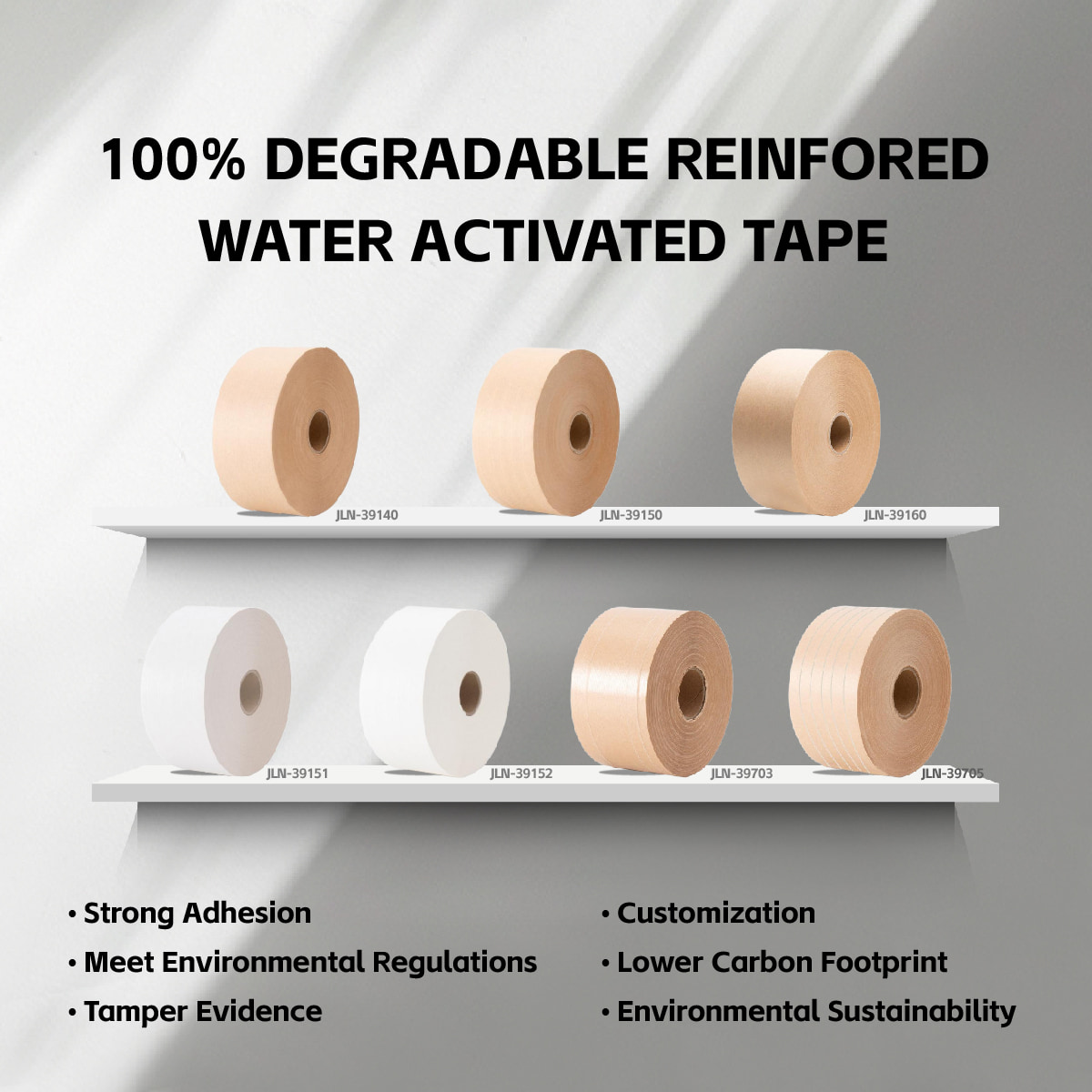 Cinta reforzada activada por agua JL3 100 % biodegradable: descripción general del modelo